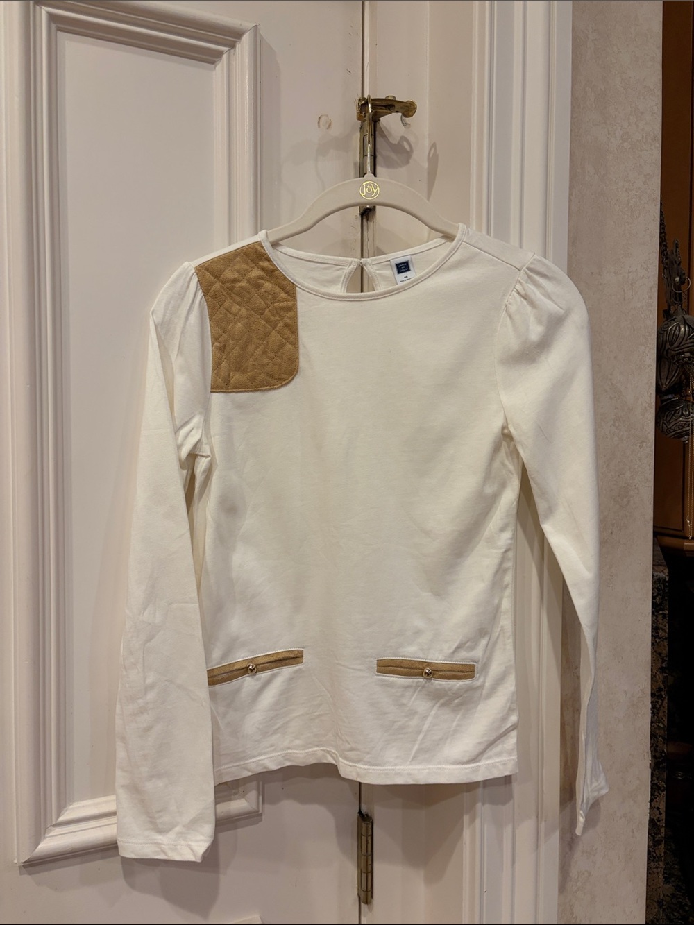 Janie and Jack Cream Long Sleeve Top with Tan Quilted Accent